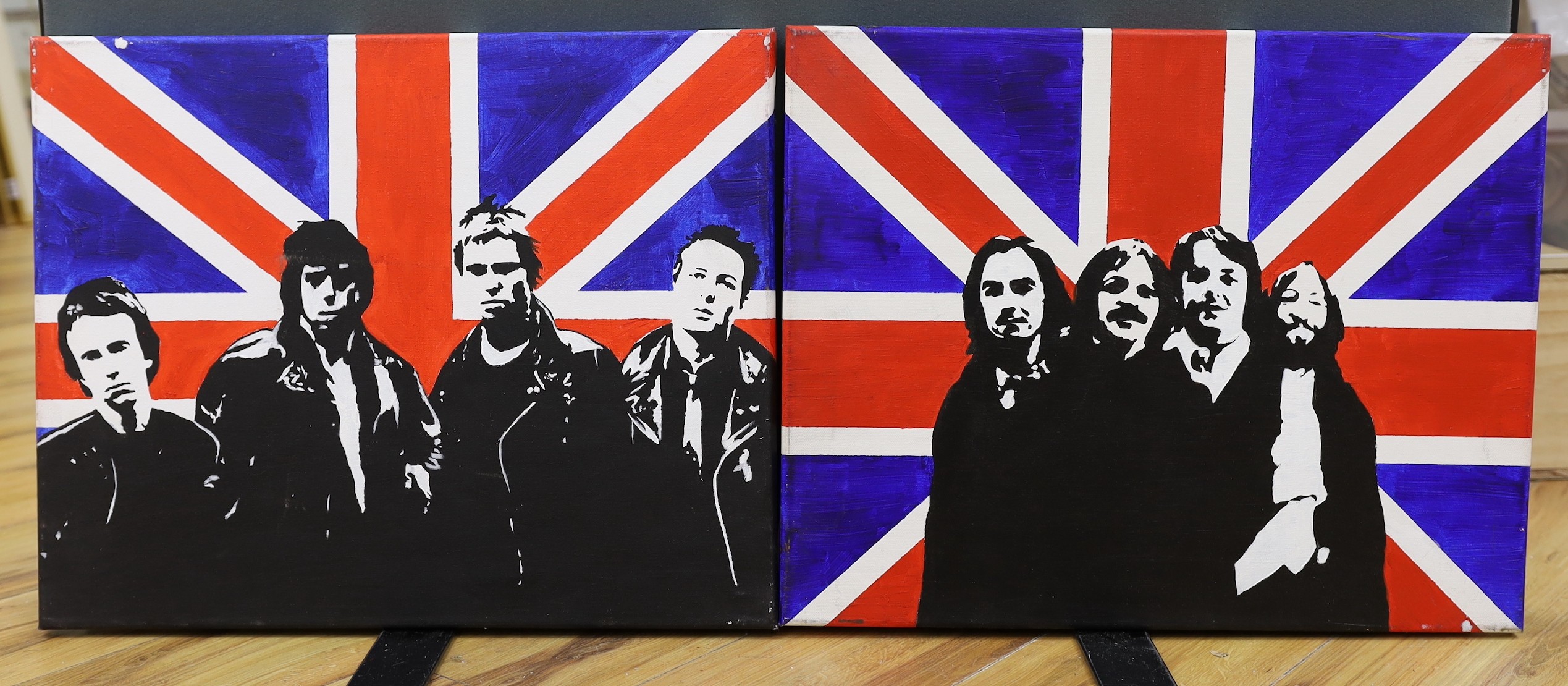 Owyn Jones, pair of oils on canvas, 'The Beatles' and 'The Clash', inscribed verso and dated 2001, 40 x 50cm, unframed